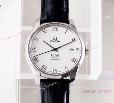 Swiss Grade 1 Omega De Ville Co Axial White Dial Leather Strap Watch VS Factory